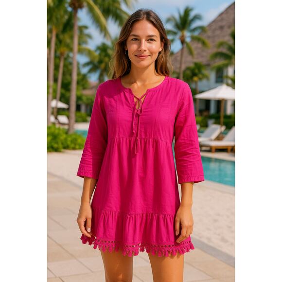 Catherine Malandrino Pink Cotton Tassel Hem Boho Dress - Size Small - Picture 1 of 9